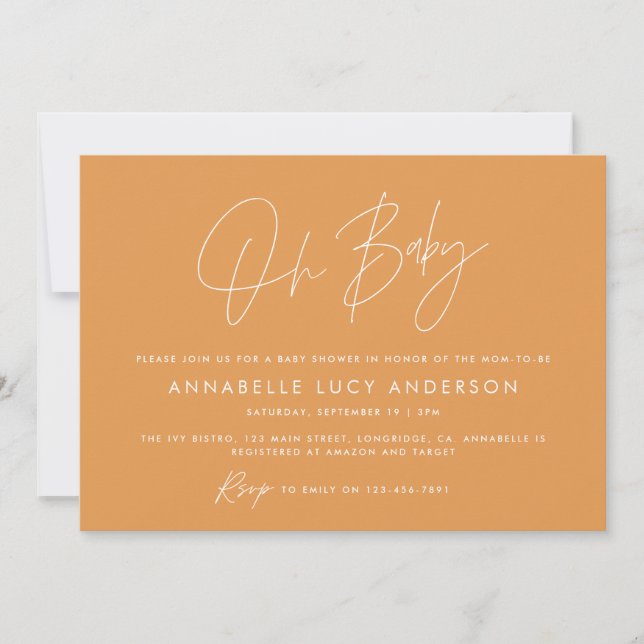 Baby shower script modern orange boho photo invitation (Front)