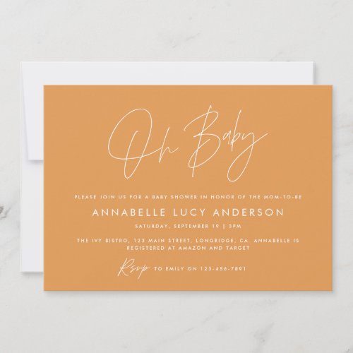 Baby shower script modern orange boho photo invitation