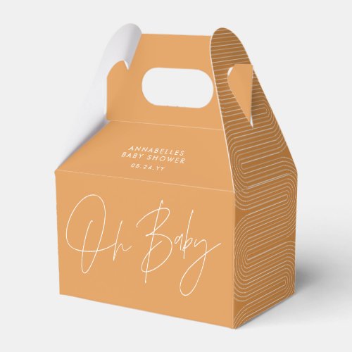 Baby shower script modern orange geometric favor boxes