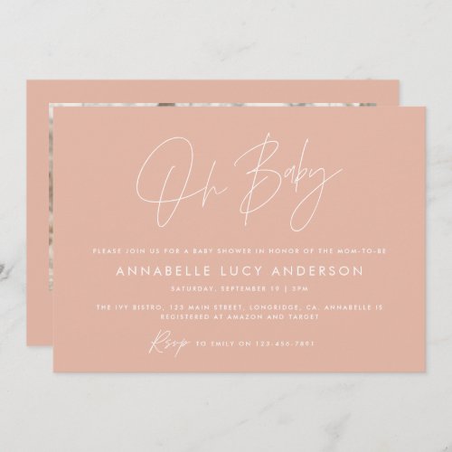 Baby shower script modern photo blush pink elegant invitation