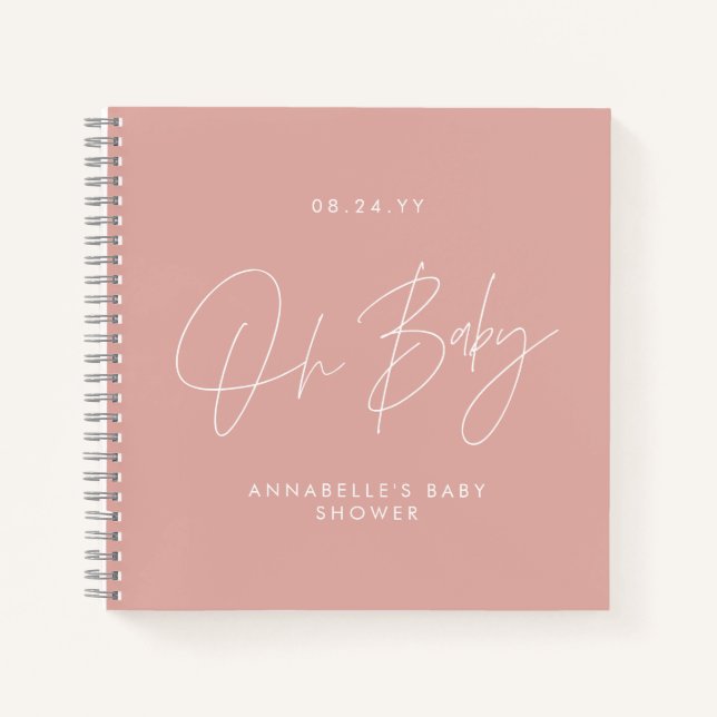 Baby shower script modern rose pink guest notebook (Front)