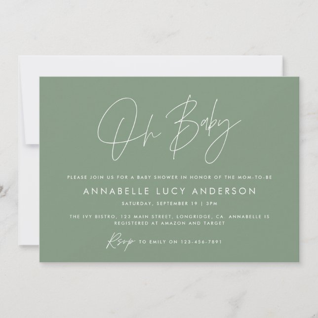 Baby shower script modern sage green boho invitation (Front)