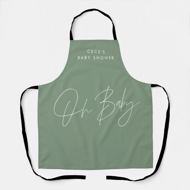 Baby shower script modern sage green elegant apron (Front)