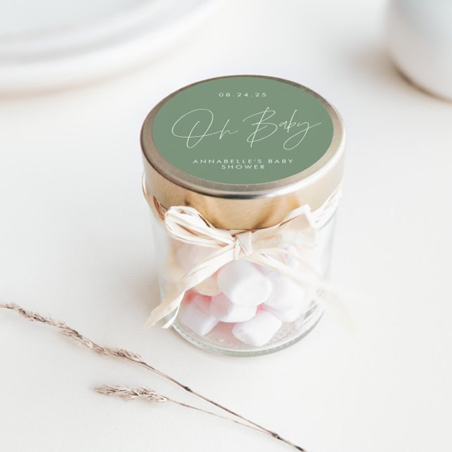 Baby shower script modern sage green elegant  classic round sticker (Creator Uploaded)