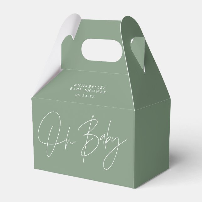 Baby shower script modern sage green elegant  favor boxes (Front Side)
