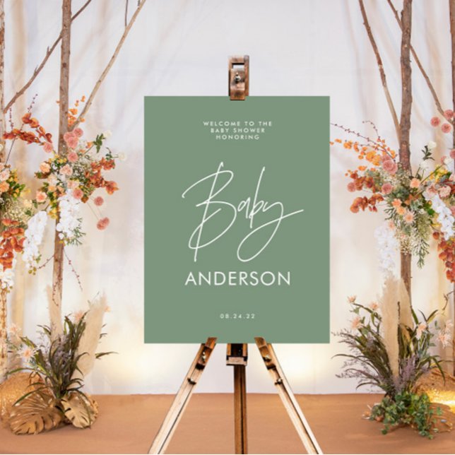 Baby shower script modern sage green elegant foam board (Creator Uploaded)