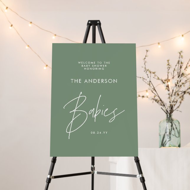 Baby shower script modern sage green elegant foam board (In Situ (Stand))
