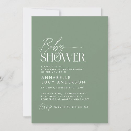 Baby shower script modern sage green elegant invit invitation
