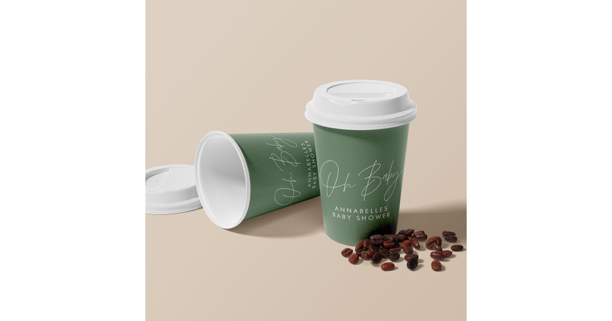 Baby shower script modern sage green elegant invit paper cups | Zazzle