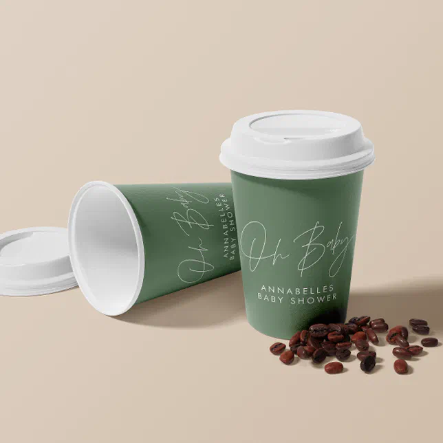 Baby shower script modern sage green elegant invit paper cups | Zazzle