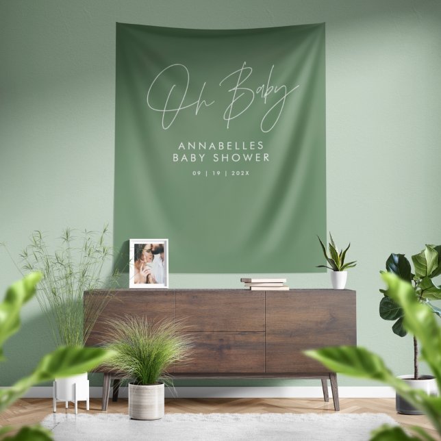 Baby shower script modern sage green elegant invit tapestry (Creator Uploaded)