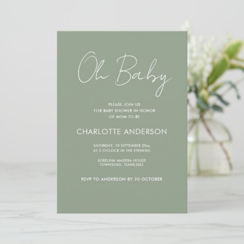 Baby shower script modern sage green elegant invitation