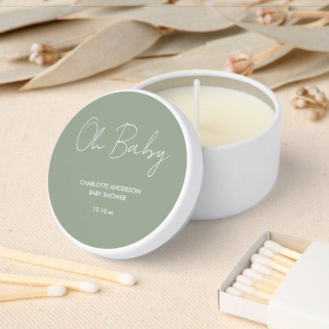 Baby shower script modern sage green elegant mini candle favors (Insitu)