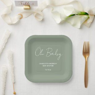 Baby shower script modern sage green elegant paper plates