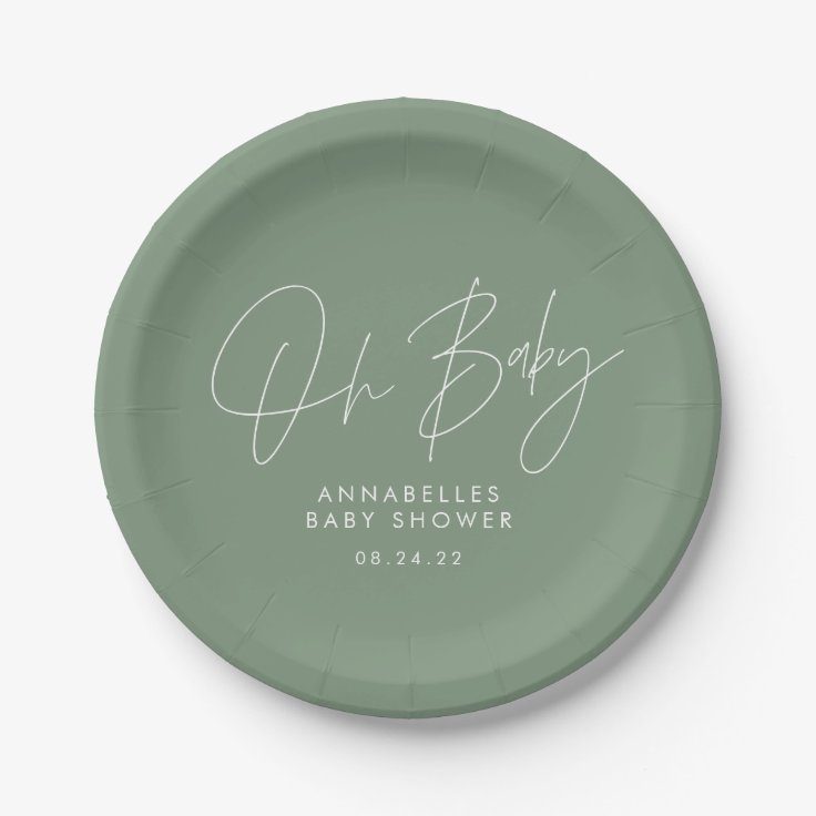 Baby shower script modern sage green elegant paper plates Zazzle