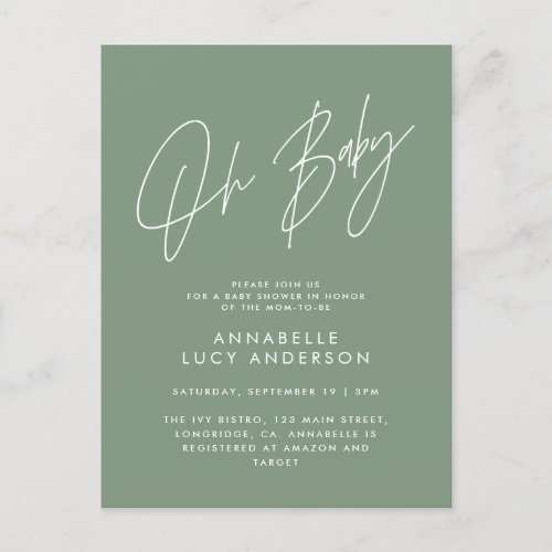 Baby shower script modern sage green elegant  postcard