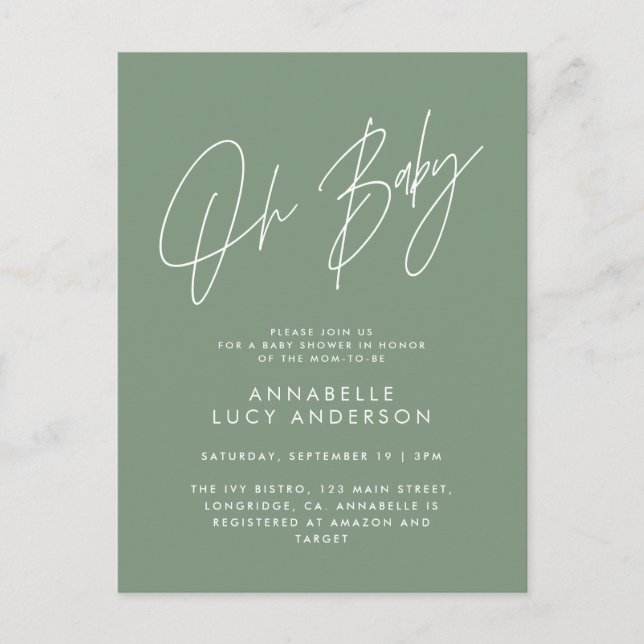 Baby shower script modern sage green elegant  postcard (Front)