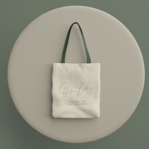 Baby shower script modern sage green elegant tote bag
