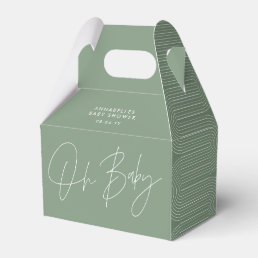 Baby shower script modern sage green geometric favor boxes