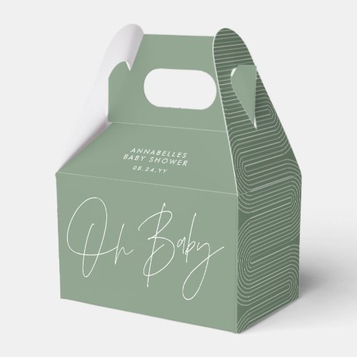 Baby shower script modern sage green geometric favor boxes