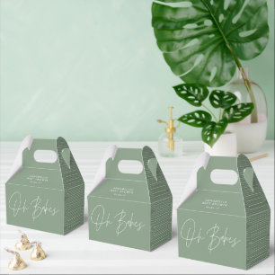 Baby shower script modern sage green geometric favor boxes