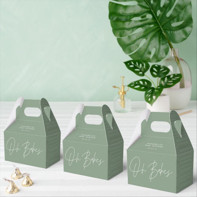 Baby shower script modern sage green geometric favor boxes (Multiple)