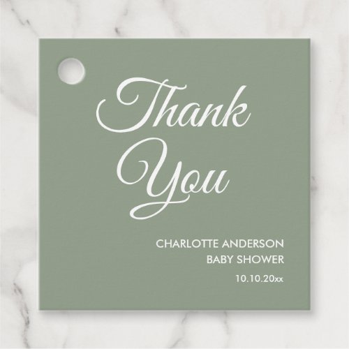 Baby shower script modern sage green thank you favor tags