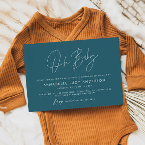 Baby shower script modern teal blue boho invitation