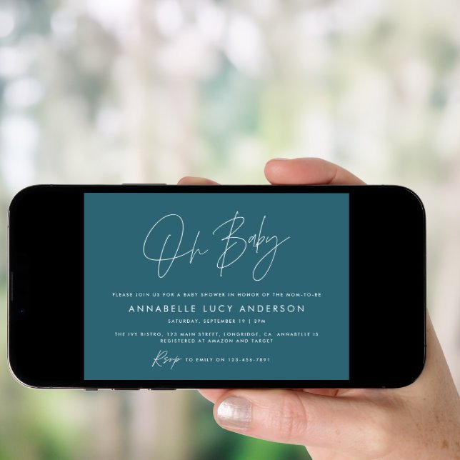 Baby shower script modern teal blue boho invitation (Front Digital)