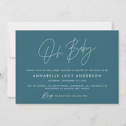 Baby shower script modern teal blue boho photo invitation