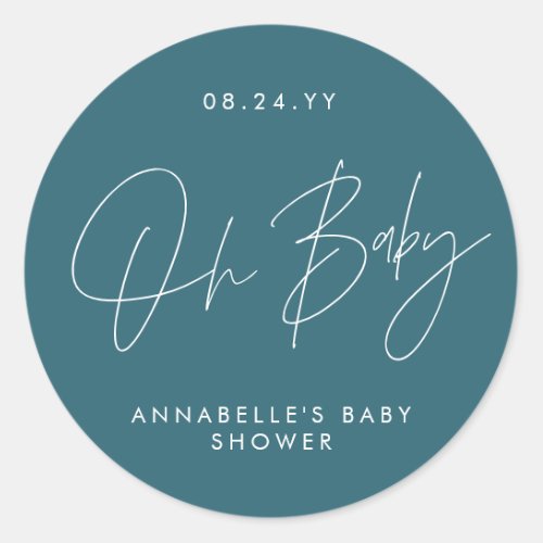 Baby shower script modern teal blue elegant classic round sticker