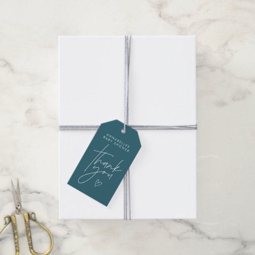 Baby shower script modern teal blue elegant gift tags