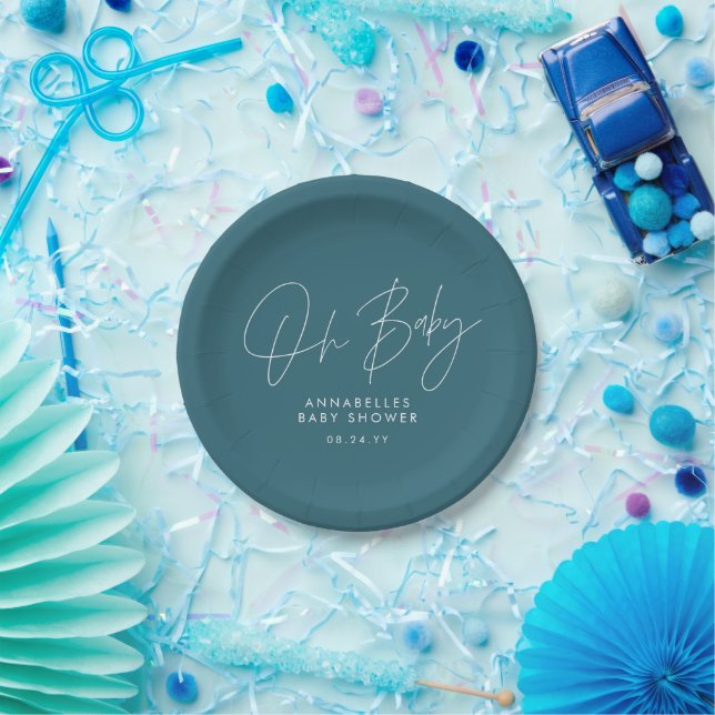 Baby shower script modern teal blue elegant paper plates (Party)