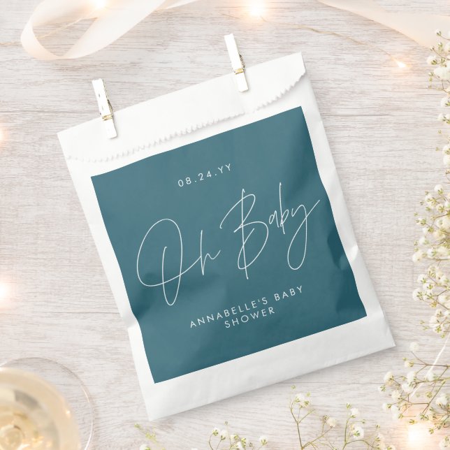 Baby shower script modern teal blue favor bag (Clipped)