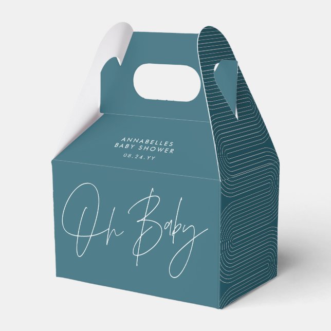 Baby shower script modern teal blue geometric favor boxes (Front Side)