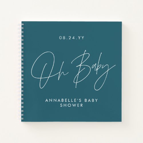 Baby shower script modern teal blue guest notebook