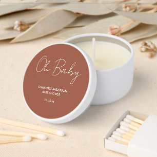 Baby shower script modern terracotta brown elegant mini candle favors