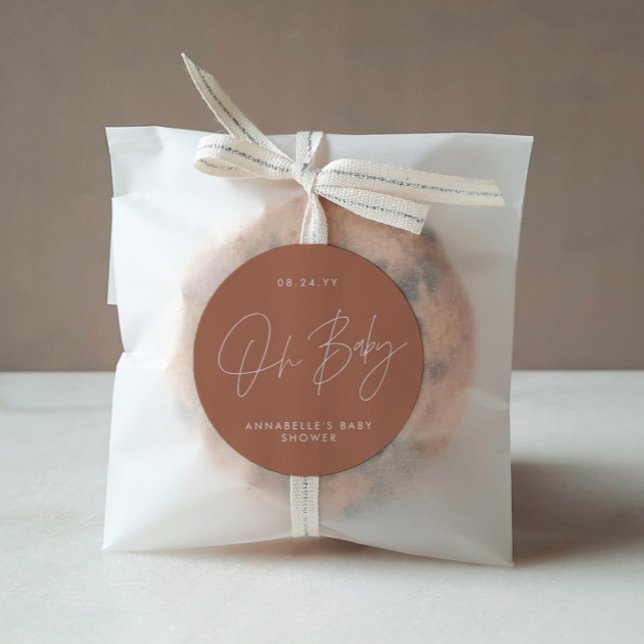 Baby shower script modern terracotta elegant classic round sticker (Creator Uploaded)