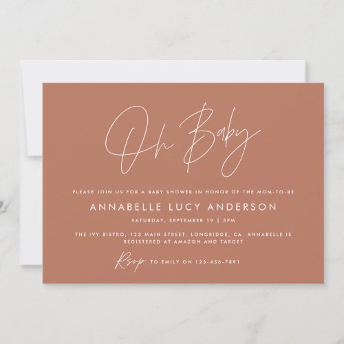 Baby shower script modern terracotta elegant photo invitation