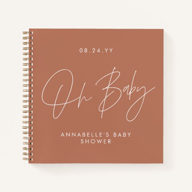 Baby shower script modern terracotta guest notebook (Front)