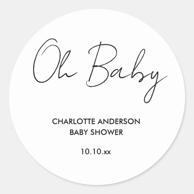 Baby shower script modern white and black elegant classic round sticker (Front)