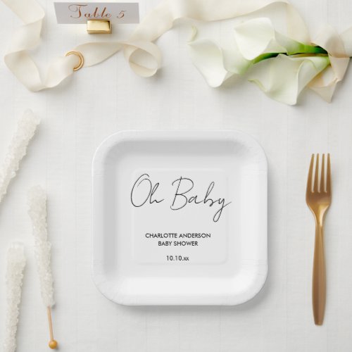 Baby shower script modern white and black elegant paper plates