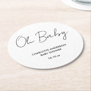 Baby shower script modern white and black elegant round paper coaster