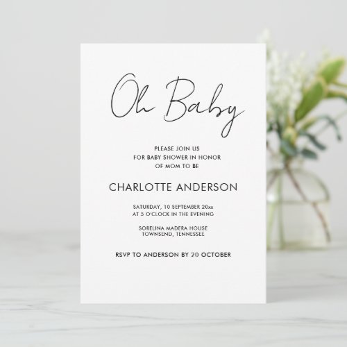 Baby shower script modern white elegant invitation