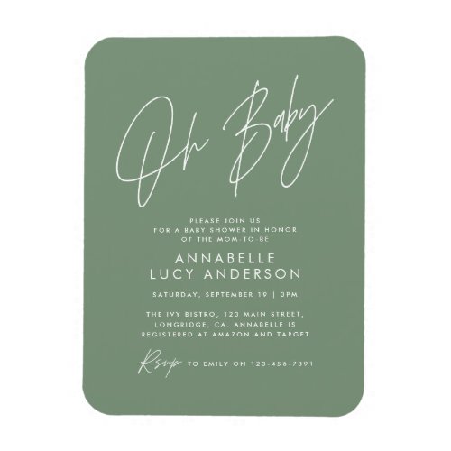 Baby shower script sage green elegant invitation magnet