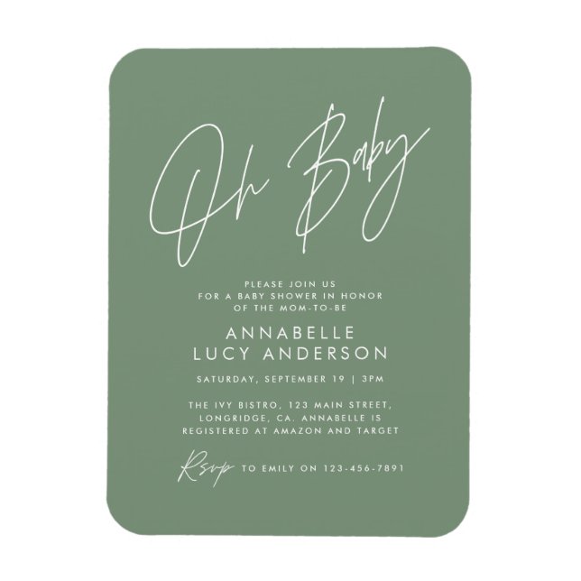 Baby shower script sage green elegant invitation magnet (Vertical)
