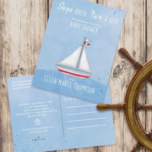 Baby Shower Ship Ahoy Its a Boy Gift Registry  Invitation Postcard