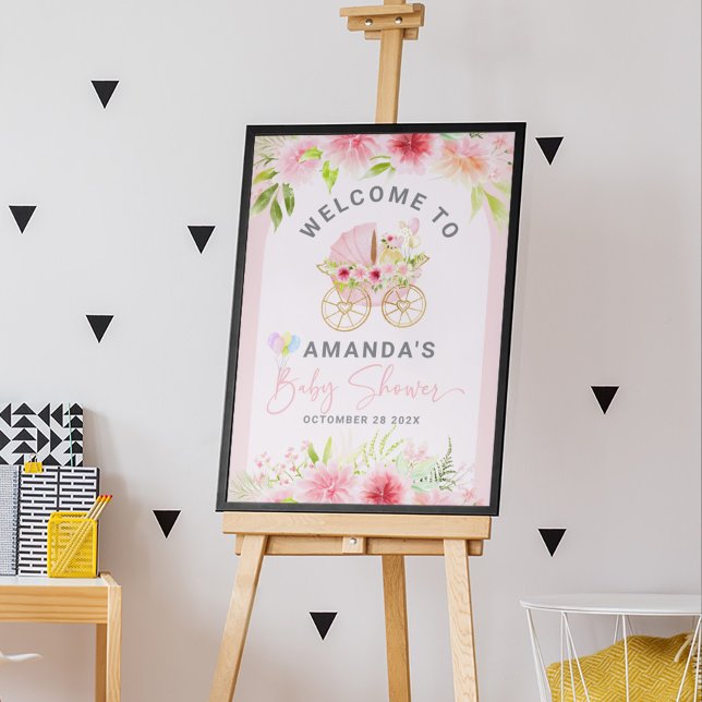 Baby Shower Sign Cute Pink Floral Stroller (Creator Uploaded)