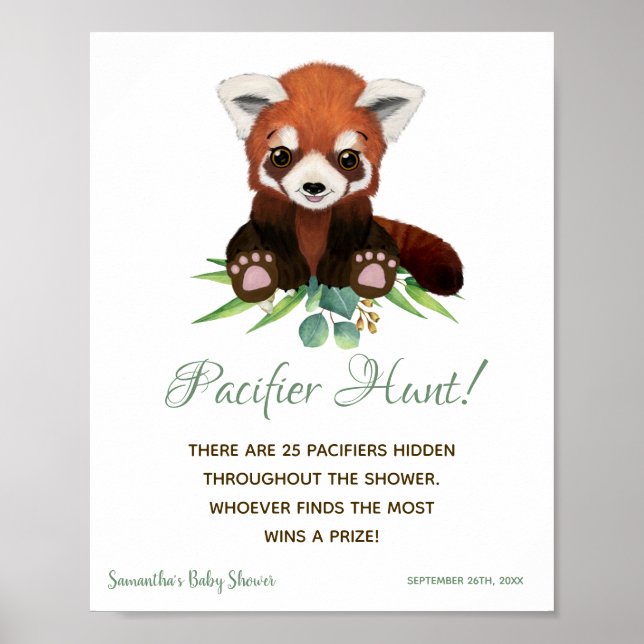 Baby Shower Sign Pacifier Hunt Game Red Panda Bear (Front)