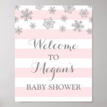 Baby Shower Sign Pink Stripes Silver Snow